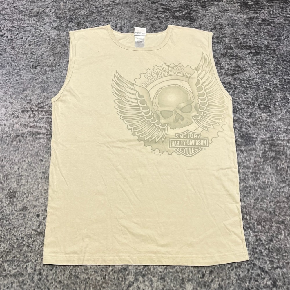 VTG Harley‎ Davidson Sleeveless Shirt Mens XL Beige Skull Biker Motorcycle Y2K